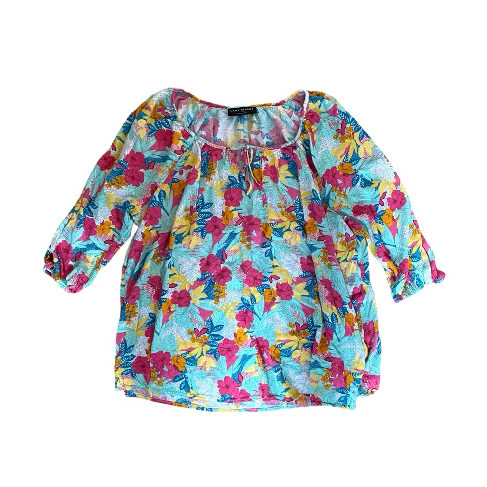 Lane Bryant 3X Classic Medium-Sleeve Peasant Top in Bali Bliss with 3/4 Sleeves - Picture 2 of 12